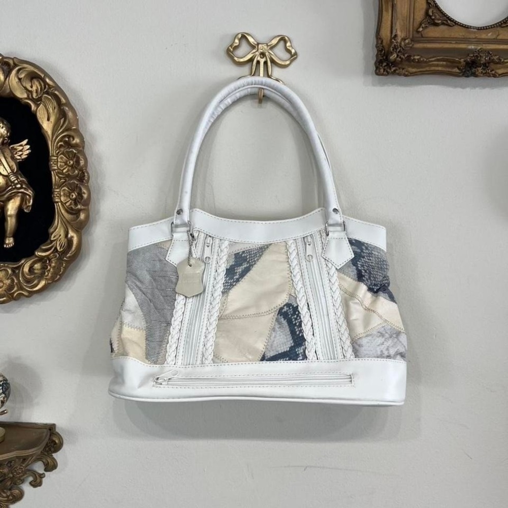 White Patchwork Tote Bag with Braided Accents